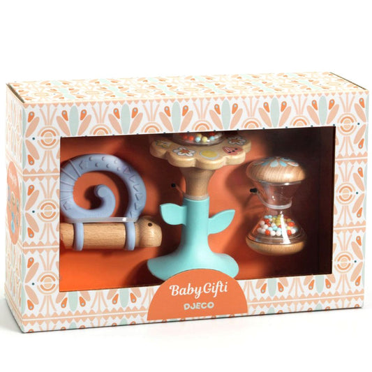 DJECO - rinkinys kūdikiui su barškučiais ir kramtuku, skirtas kūdikiams nuo 3 mėnesių.