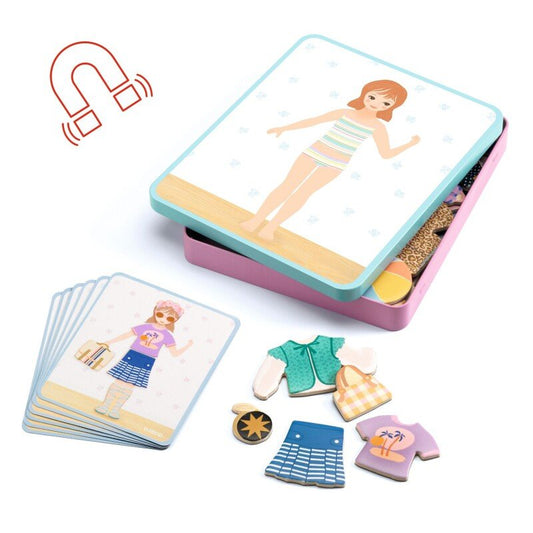 Djeco - mediniai magnetai ir metalinė dėžutė - Apranga su įvairiais drabužiais ir iliustracijomis vaizdas.