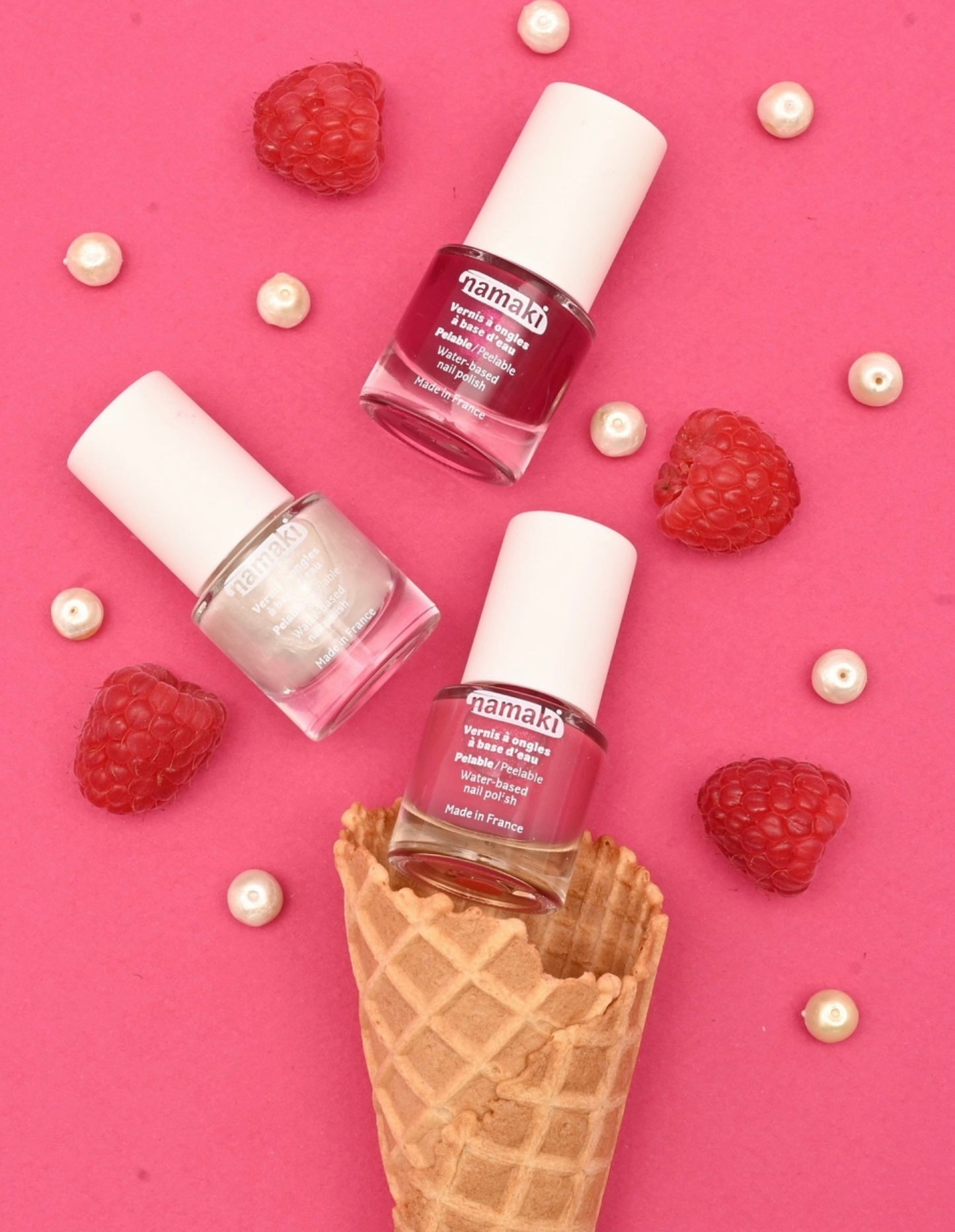 NAMAKI cosmetics - nagų lako komplektas FRUIT SORBETS - varnishes Raspberry(23) – Fuchsia(32) – Pearly white(25)