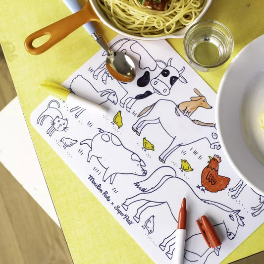 Moulin Roty - Daugkartinis silikoninis spalvinimo kilimėlis + 4 rašikliai