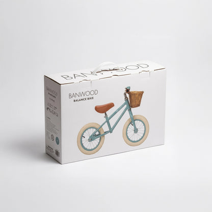 Banwood vintažinis balansinis dviratis First Go - Forest pakuotė su krepšiu ir šviesiais ratais