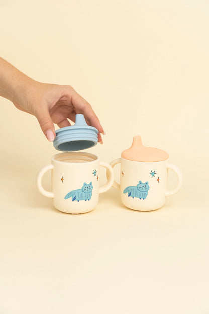 The Cotton Cloud silikoninių gertuvių rinkinys su katėmis, silikoniniai puodeliai kūdikiams