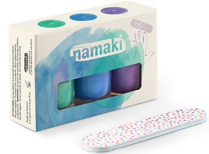 NAMAKI cosmetics - nagų lako komplektas Caribbean "Aurora borealis" - varnishes(30) - Electric blue(34) - Glittery purple(27) + free lime