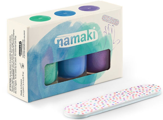 NAMAKI cosmetics - nagų lako komplektas Caribbean "Aurora borealis" - varnishes(30) - Electric blue(34) - Glittery purple(27) + free lime