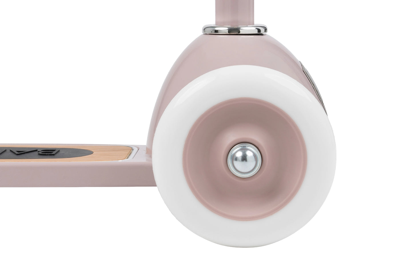 Banwood vintažinis 3-ratis paspirtukas su krepšeliu, rožinės spalvos ratas su baltu apvadu.