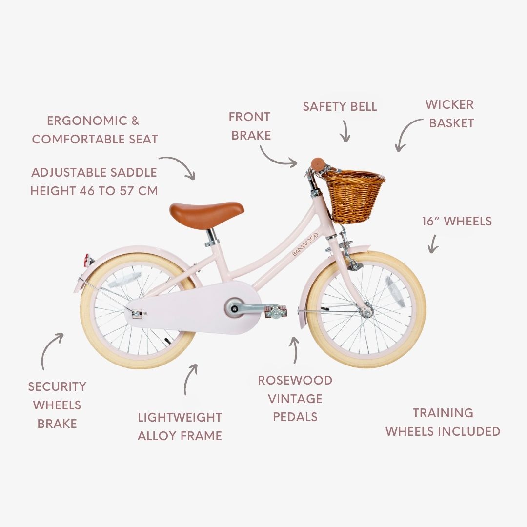 Banwood 16 klasikinis vintažinis dviratis su ergonomišku sėdynės dizainu, 16 colių ratais ir pintiniu krepšiu.