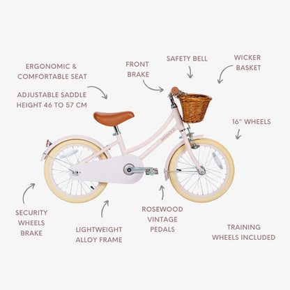 Banwood 16 klasikinis vintažinis dviratis su ergonomišku sėdynės dizainu, 16 colių ratais ir pintiniu krepšiu.