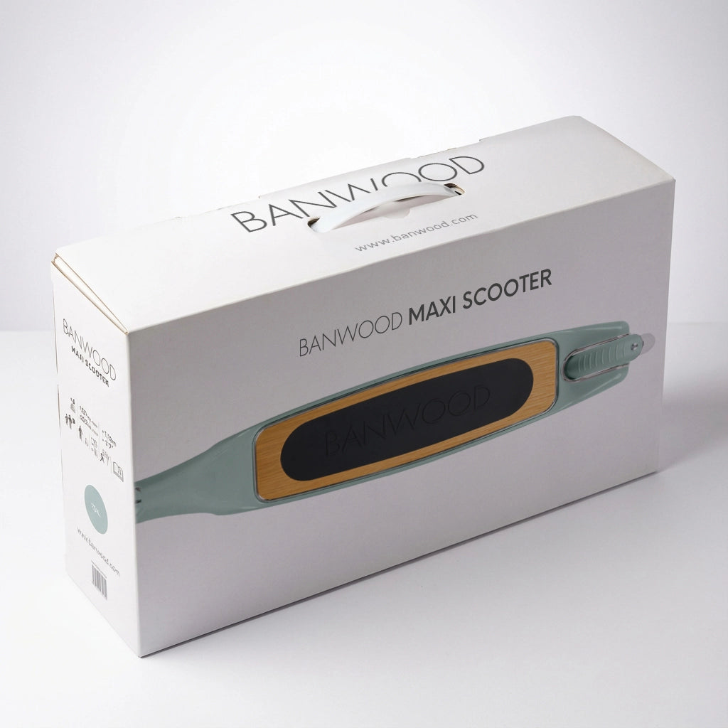 Banwood vintažinis paspirtukas su krepšeliu - Forest pakuotė su dizainu ir informacija apie produktą