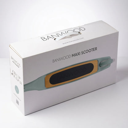 Banwood vintažinis paspirtukas su krepšeliu - Forest pakuotė su dizainu ir informacija apie produktą