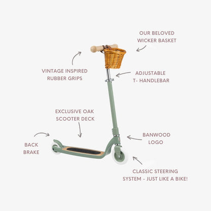 Banwood vintažinis paspirtukas su krepšeliu su vintage įkvėpto dizaino elementais ir reguliuojamu T formos vairu.