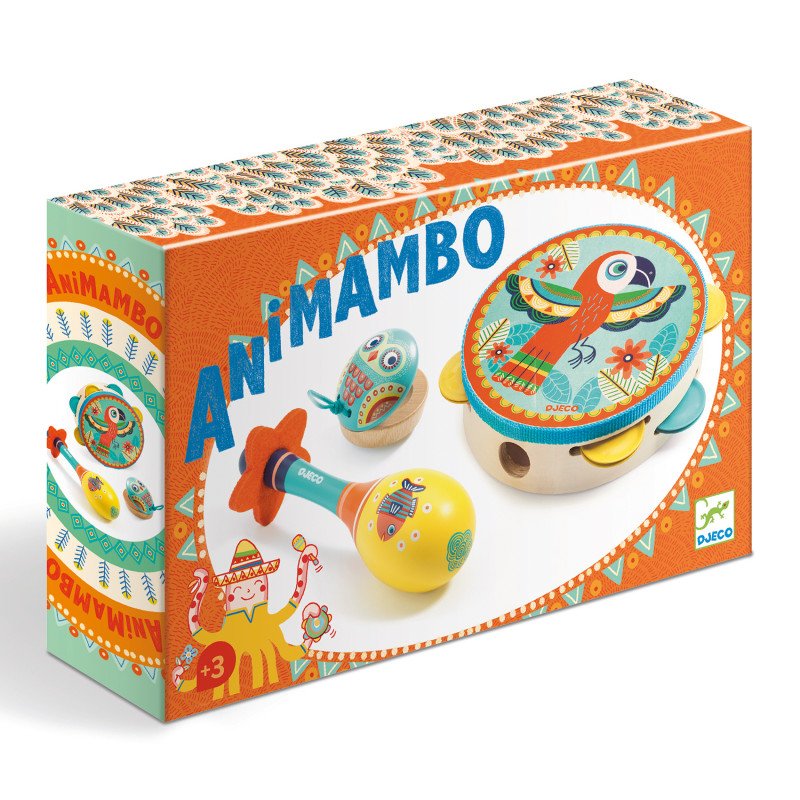 Djeco - Rinkinys iš 3-jų muzikos instrumentų - Animambo, spalvotas instrumentų rinkinys vaikams su marakasu, kastanetu ir tamburinu.