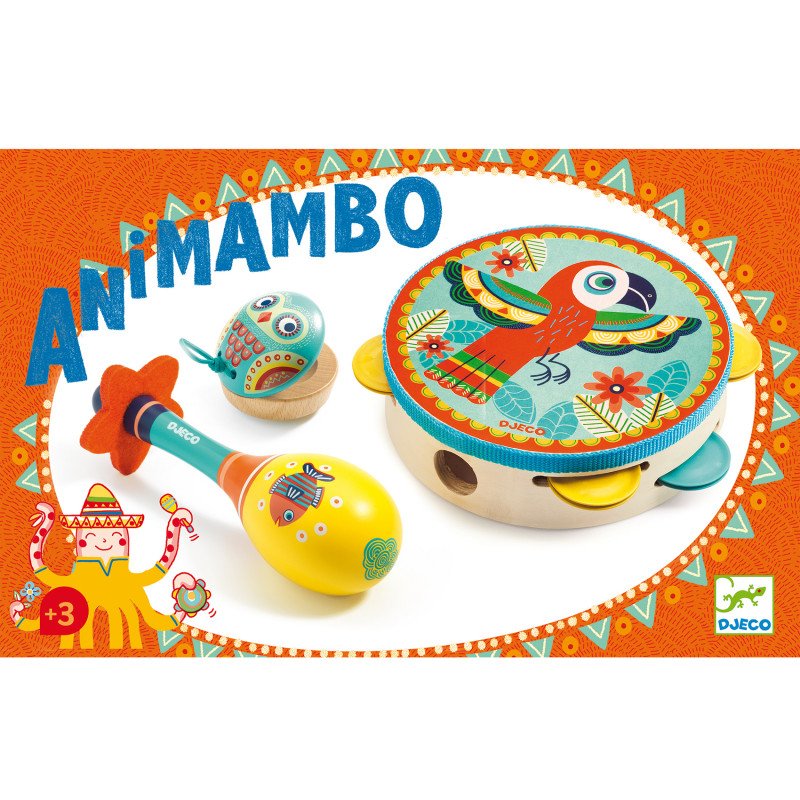 Djeco - Rinkinys iš 3-jų muzikos instrumentų - Animambo su tamburinu, marakasu ir kastanetu