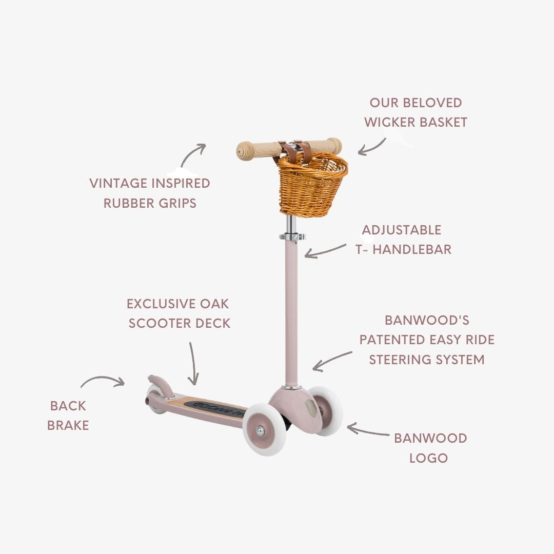 Banwood vintažinis 3-ratis paspirtukas su krepšeliu - Dusty Pink su aukštos kokybės detalėmis ir dizainu.