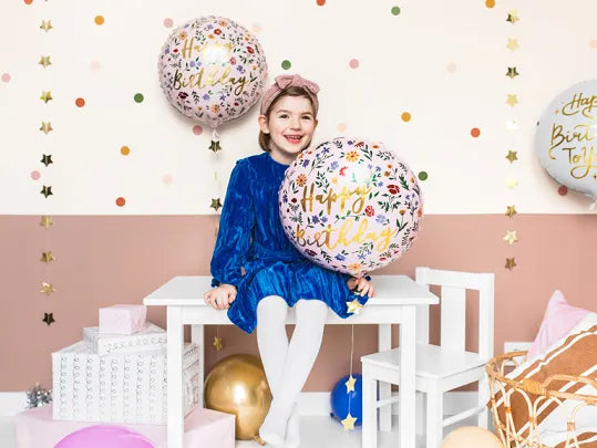 Folinis balionas - „Happy Birthday“ su gėlėmis, 45 cm