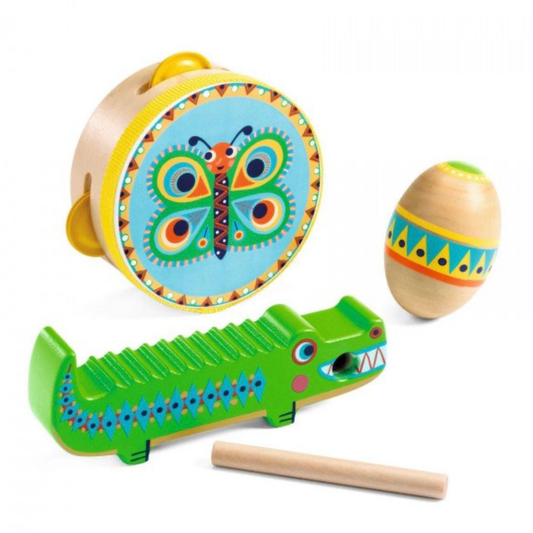 DJECO – Animambo Muzikos instrumentų rinkinys: tamburinas, marakasas, guiro