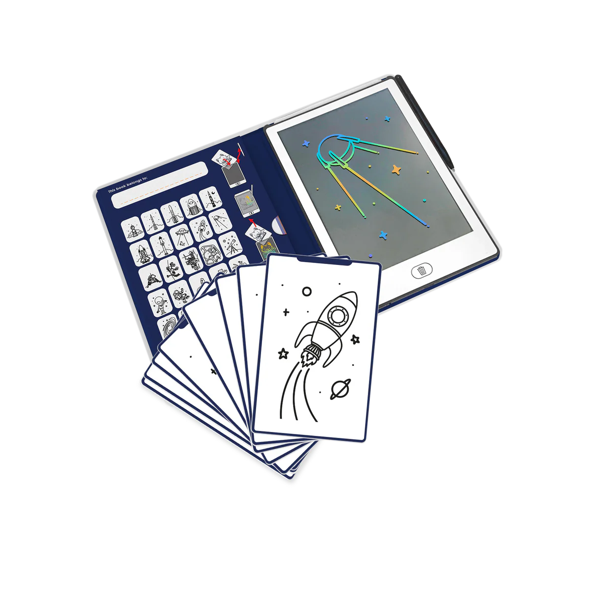 Kidywolf piešimo planšetė – GALAXY su piešimo kortelėmis ir interaktyviu ekranu, skatinančiu kūrybiškumą.