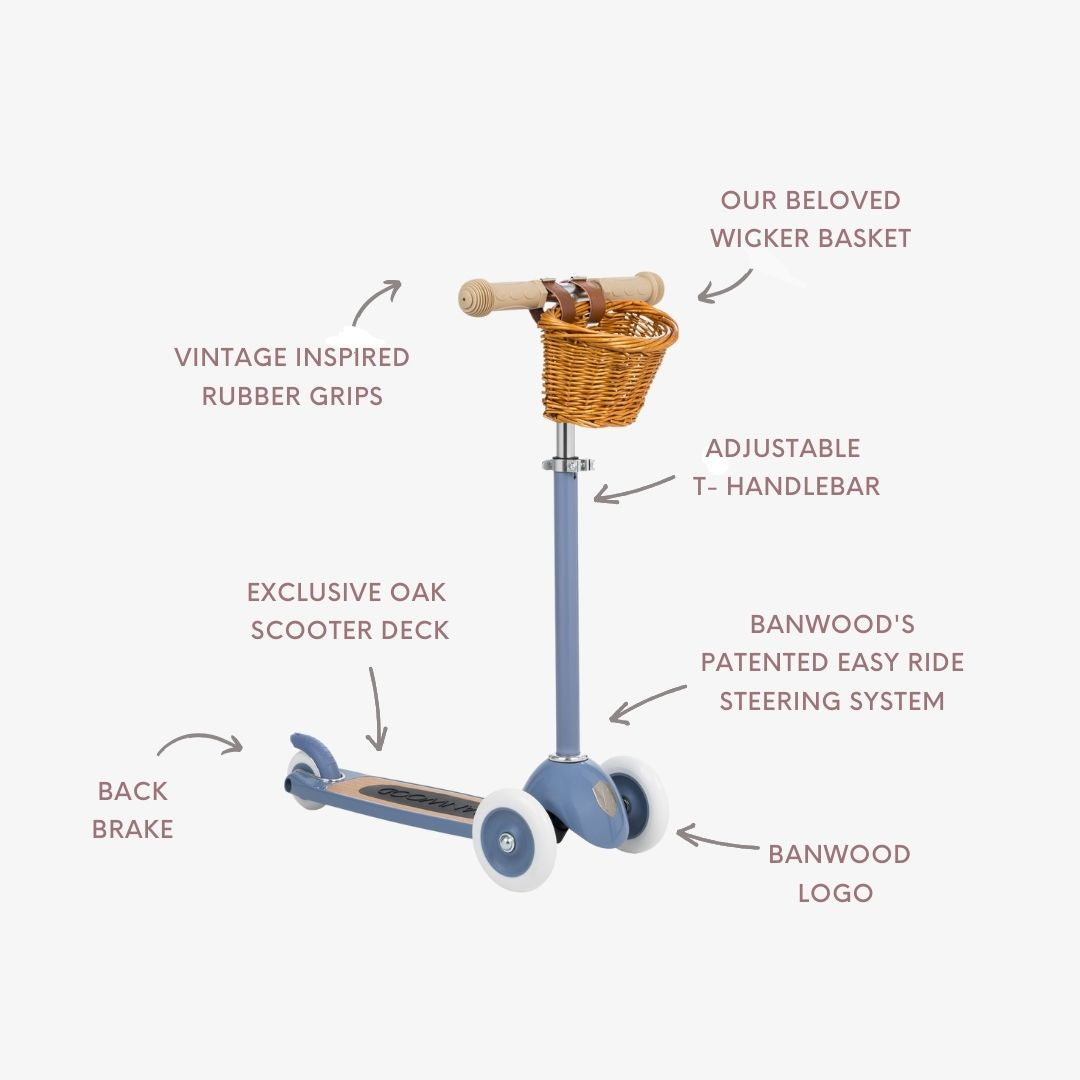 Banwood vintažinis 3-ratis paspirtukas su krepšeliu - Blue su reguliuojamu vairu, guminėmis rankenomis ir krepšeliu.