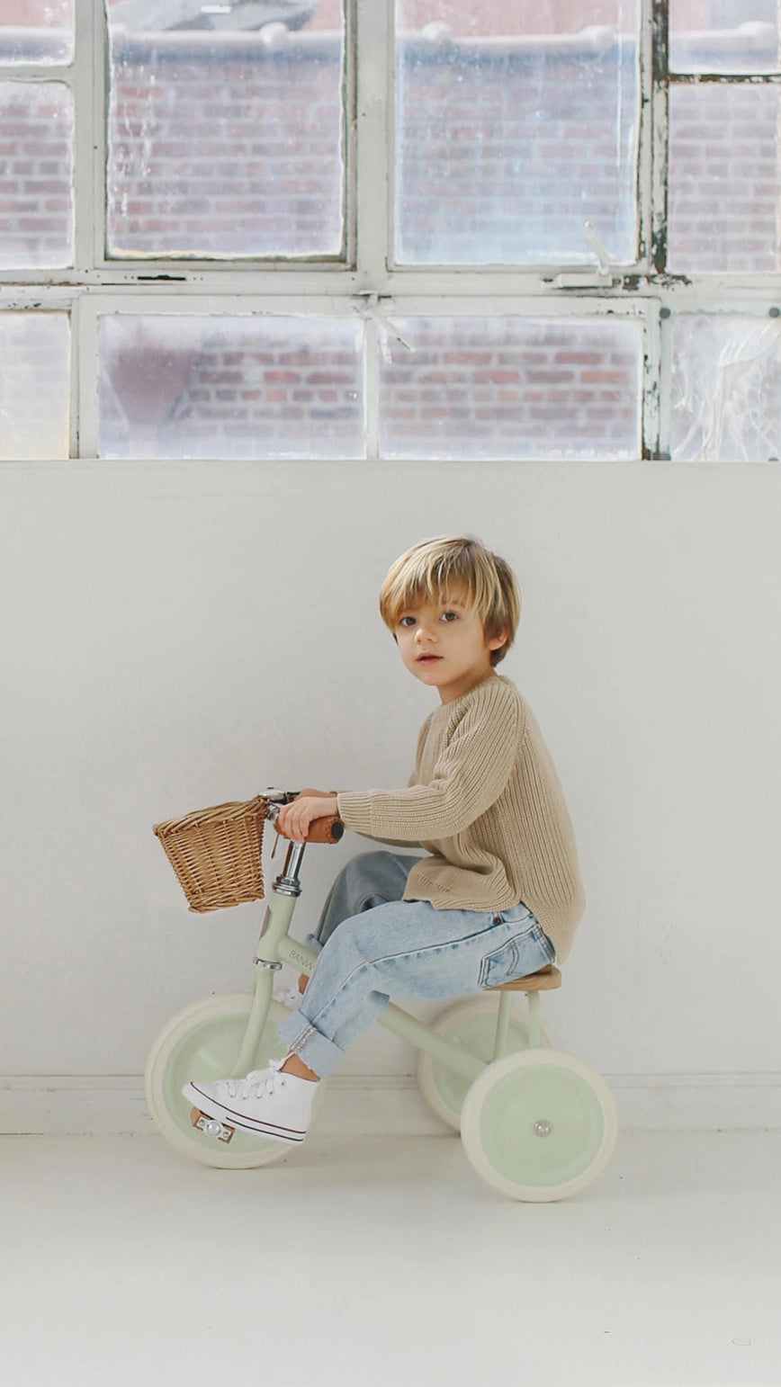 Vaikas sėdi ant Banwood vintažinis triratukas su krepšeliu, Pale Mint, su pintu krepšeliu ir elegantišku dizainu.