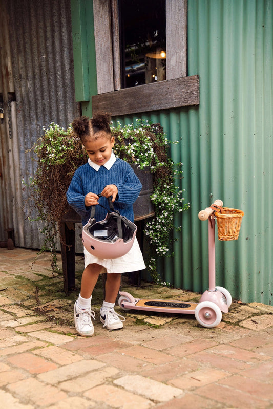 Vintažinis 3-ratis paspirtukas su krepšeliu - Dusty Pink