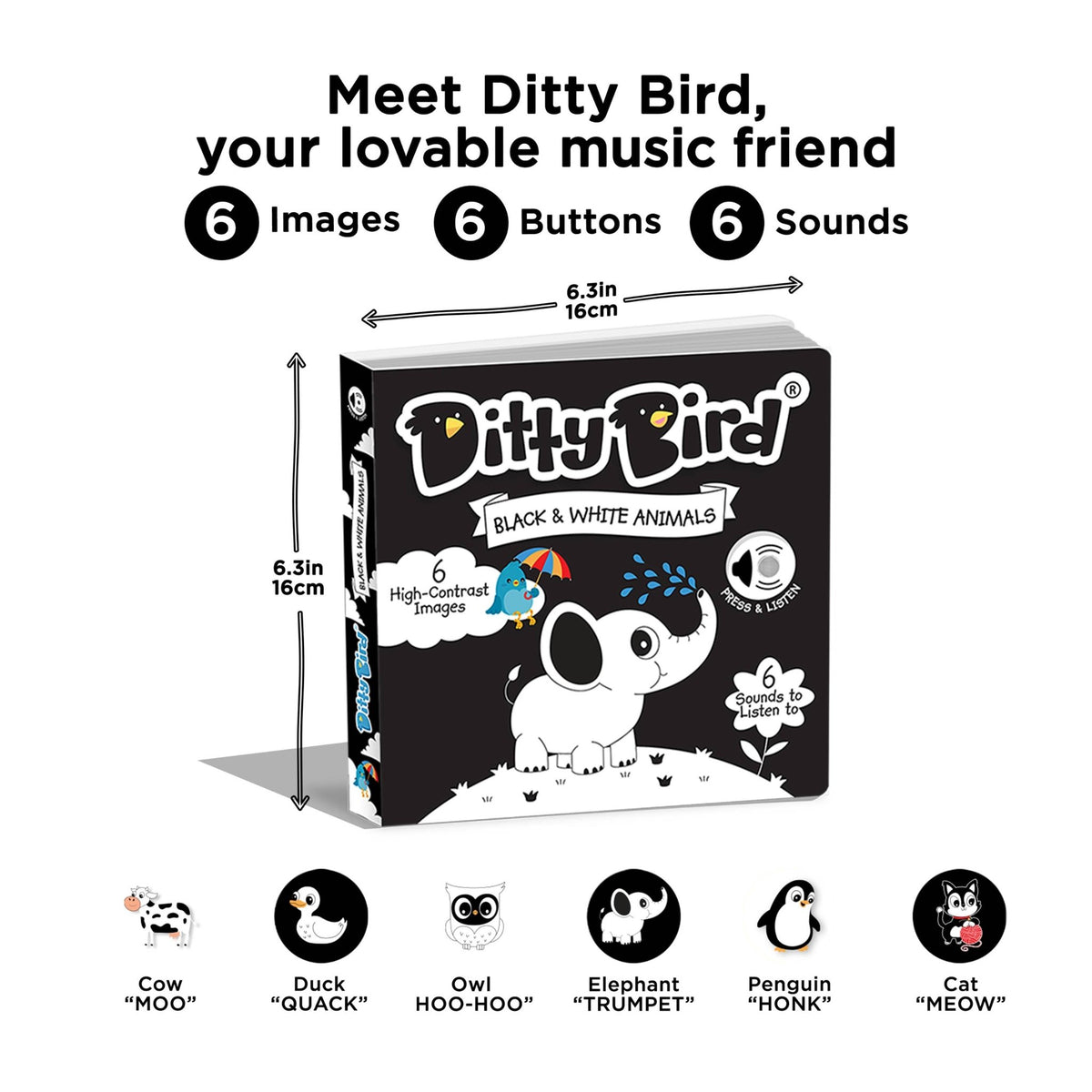 Ditty Bird - Garsų knygelė „Black and White" – naujagimiams (USB-C) - LE KUKU