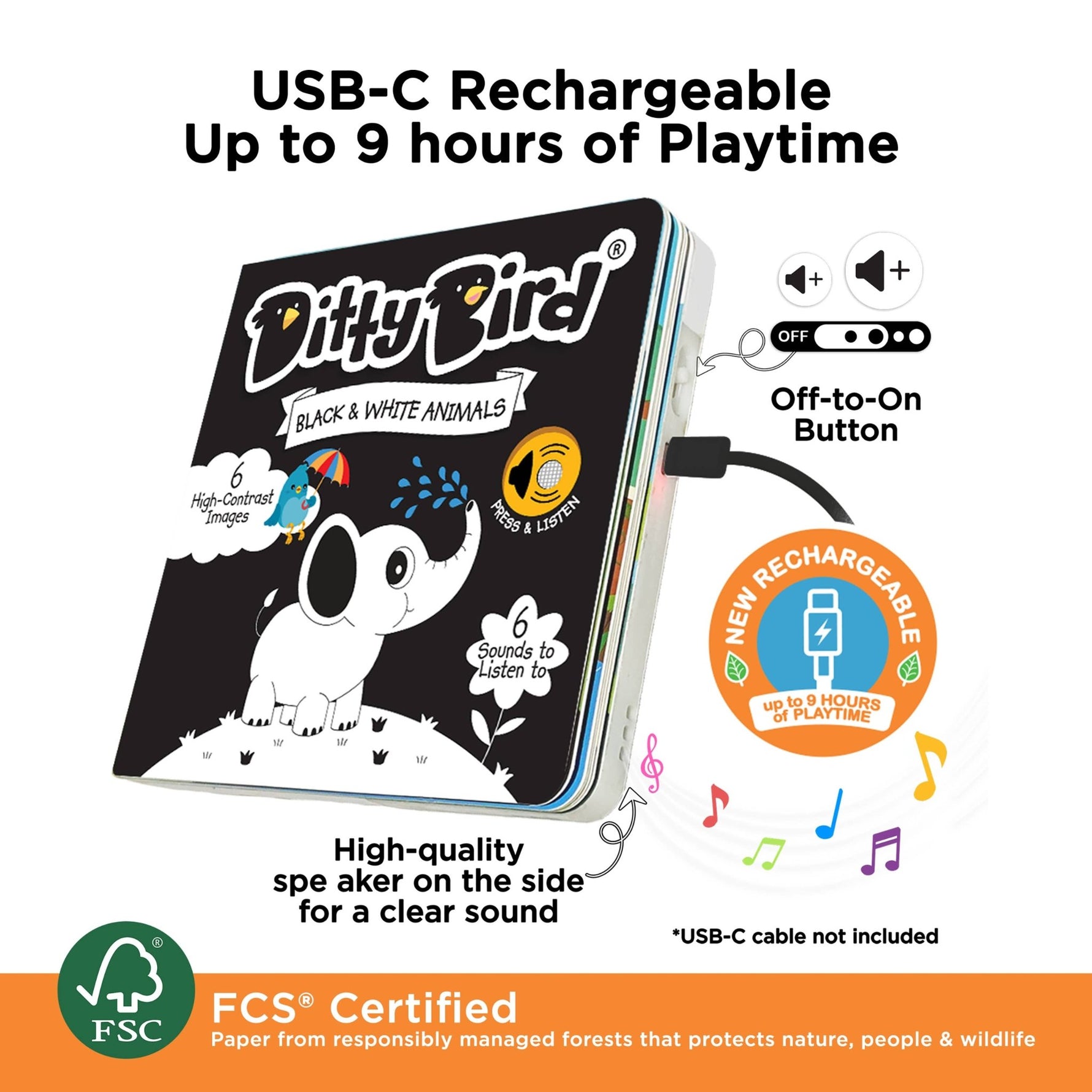 Ditty Bird - Garsų knygelė „Black and White" – naujagimiams (USB-C) - LE KUKU