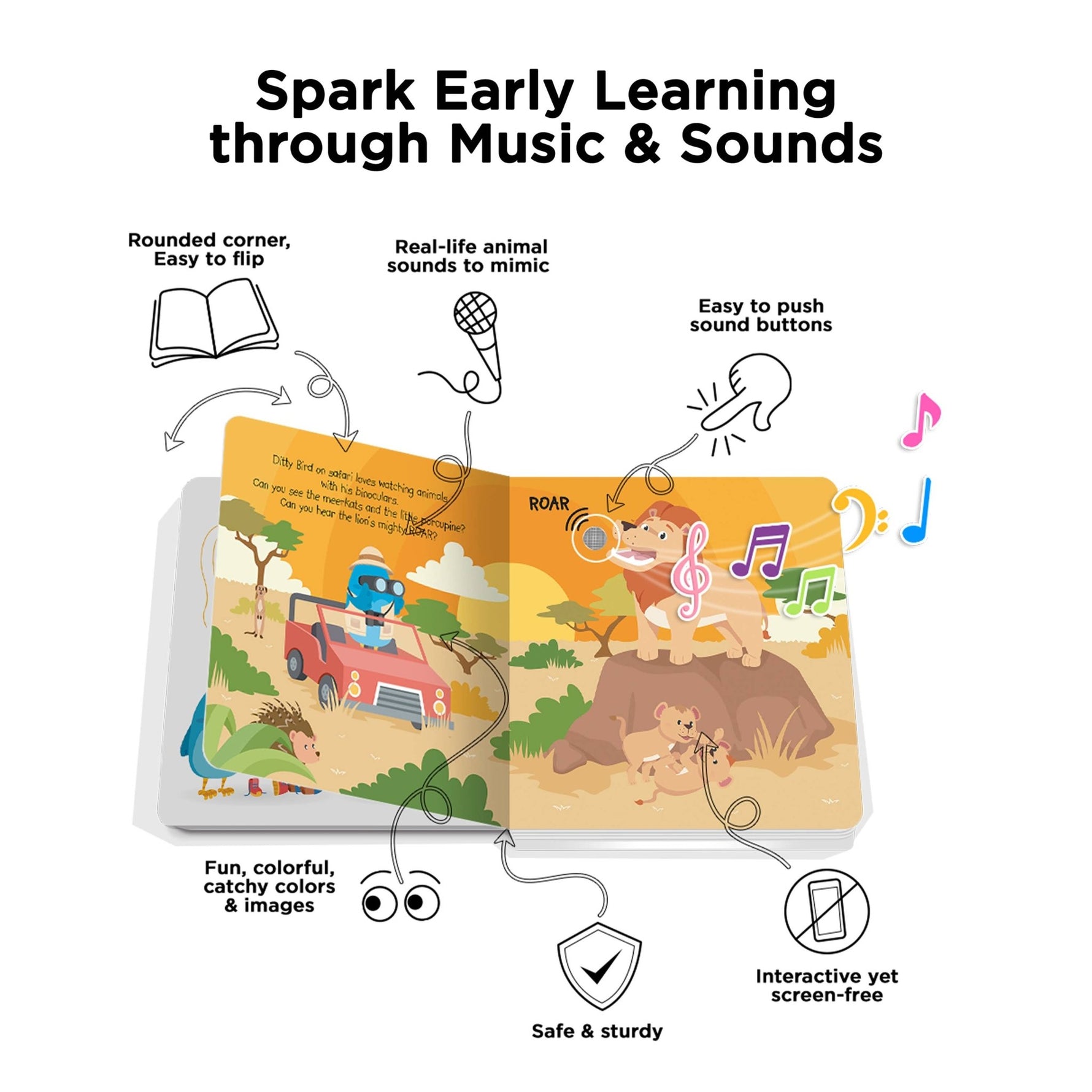 Ditty Bird garsų knygelė „Safari Animal Sounds" – safario gyvūnai (USB-C) - LE KUKU