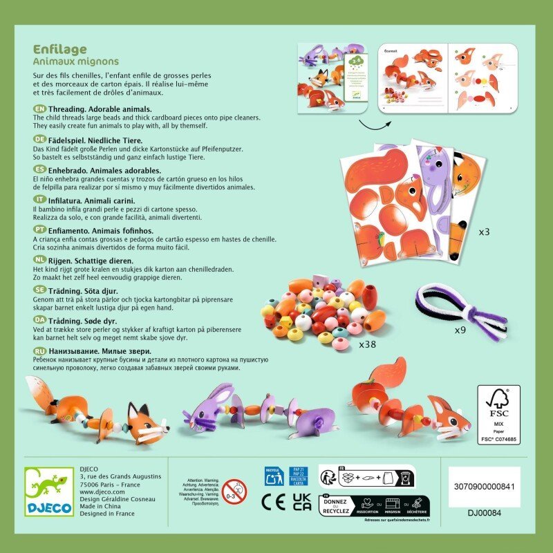 Djeco - Vėrimas su pūkuotomis vielutėmis - Mieli gyvūnai - LE KUKU