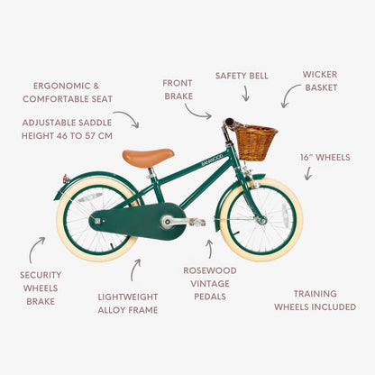 Banwood 16 klasikinis vintažinis dviratis - Green su ergonomišku sėdynių ir lengvu aliuminio rėmu.