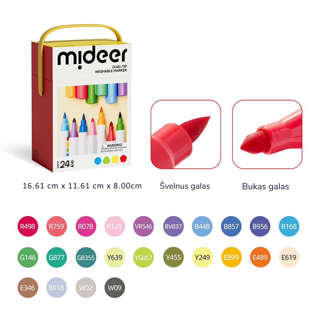 Mideer - Dvipusiai nuplaunami markeriai / flomasteriai – 24 spalvos - LE KUKU