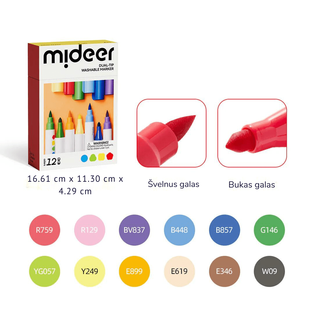 Mideer - Dvipusiai nuplaunami markeriai / flomasteriai – Galimi skirtingi dydžiai - LE KUKU